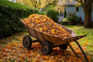 wheelbarrow filled with raked leaves in a yard, created with generative ai