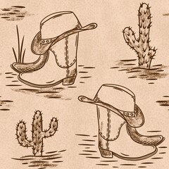 Hand drawn seamless pattern with brown cowboy boots, western toile neutral design. Retro vintage cowgirl hat cactus, texas souwest southwestern style.