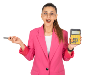 Business woman showing calculator, beautiful caucasian attractive cheerful business woman showing calculator. Isolated transparent, png, copy space. Young successful brunette entrepreneur.
