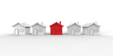 Home buying choosing concept 3d illustration. Search red building with white house on a white isolated background