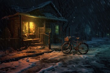 Fototapeta na wymiar abandoned bike under streetlight during snowfall, created with generative ai