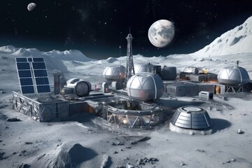 lunar base with solar panels and telescopes, created with generative ai