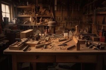 workshop, with woodworking tools and materials neatly arranged on the workbench, created with generative ai