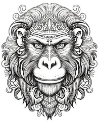 Mandala, black and white illustration for coloring animals, monkey.