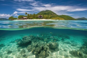Fototapeta premium remote island with crystal clear water and tropical fish, created with generative ai