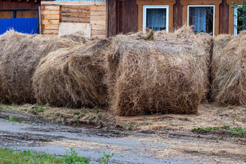 Bales of hay are stacked near a rural house on a summer day