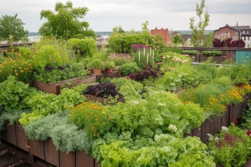 Naklejka premium green rooftop garden with vegetables, herbs, and flowers, created with generative ai