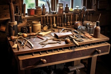 leather saddle making tools on workbench, created with generative ai