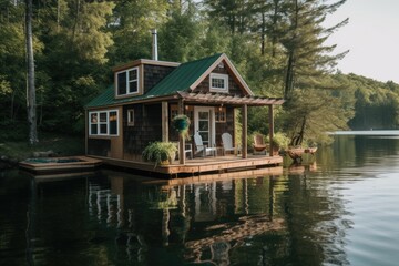Obraz premium tiny house with wraparound porch and rocking chair on a serene lake, created with generative ai
