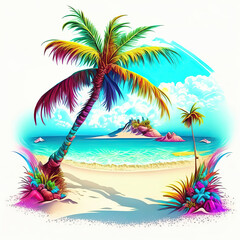 Fototapeta na wymiar Illustration in bright colors island, beach and palm trees