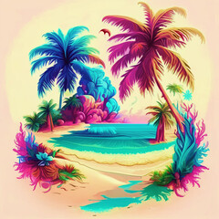 Psychedelic Illustration Palm Trees and Beach