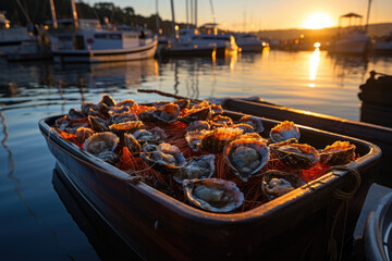 Oyster Delights. Fresh Oysters from the Morning Catch by the Harbor. Seafood Market AI Generative.
