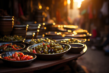 Sunset Souk. A Bustling Moroccan Market in Marrakech at Sunset. Olive Delights Concept. AI Generative
