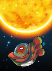 Fototapeta premium Cartoon funny colorful scene of cosmos galactic alien ufo space craft ship isolated illustration for children