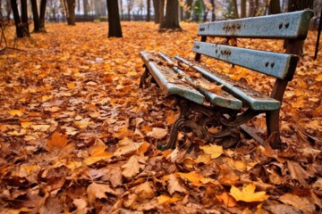 leaves and debris covering a park bench, created with generative ai
