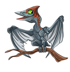 Pterodactyl, Pteranodon baby catoon. Hand painted dinosaurs isolated on white background. Predator animal of the prehistoric period. Illustration. Watercolor. Template. Hand drawing. Clipart. Close-up © Yuliia