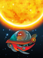 Naklejka premium Cartoon funny colorful scene of cosmos galactic alien ufo space craft ship isolated illustration for children