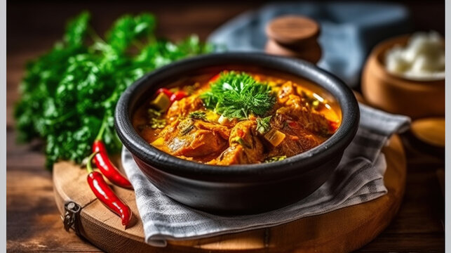 Traditional georgian dish ostri served in the bowl on wooden cutting board, Generative AI