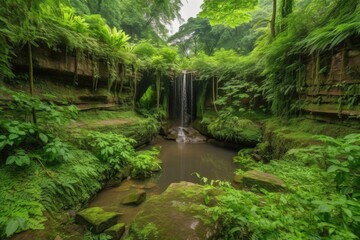 Fototapeta premium serene landscape with waterfall, surrounded by lush greenery, created with generative ai