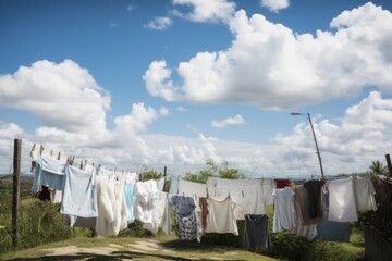 view of laundry fluttering in the breeze with blue sky and fluffy clouds in the background, created with generative ai