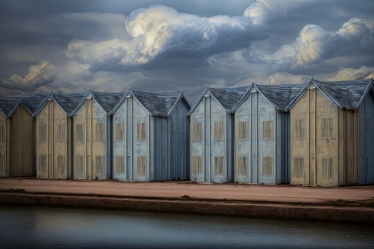 A Row Of Beach Huts Sitting Next To A Body Of Water