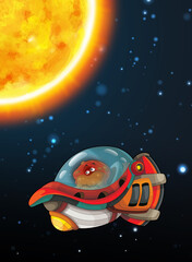 Cartoon funny colorful scene of cosmos galactic alien ufo space craft ship isolated illustration for children