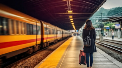 Woman waiting at platform of railway station, rear view. Generative AI
