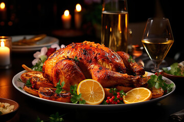 A large dish with fried turkey on the festive table. Wine and treats on the Thanksgiving table. Traditional table for a family holiday. AI generation