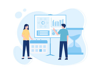 Presentation with data, calendar and time concept flat illustration