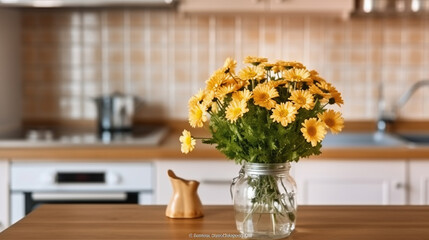 Bouquet of golden marguerite flowers in glass vase on the kitchen table. Stylish modern kitchen with small beige tile and wooden cupboard. Close up, Generative AI