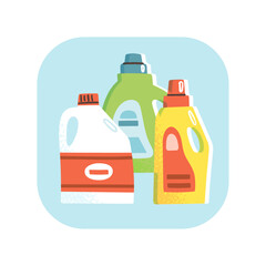 Cleaning products in bottles icon. Vector illustration of detergent used for housework. Household chores concept in flat hand drawn style.