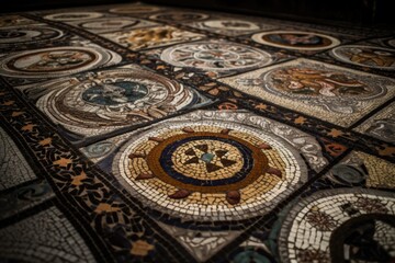 Obraz premium close-up of mosaic with intricate details, against dark background, created with generative ai
