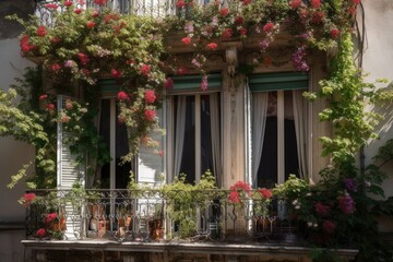 Fototapeta na wymiar curtain of climbing vines on balcony window, with blooming flowers in the background, created with generative ai