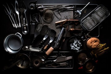 edgy flatlay of metal cooking tools against black background, created with generative ai