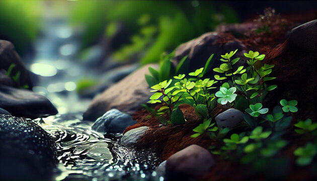 Beautiful spring detailed close up stream of fresh water with young green plants. Horizontal banner, springtime concept. Abstract outdoor wild nature background Ai generated image