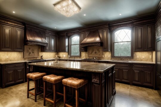 A Kitchen With A Center Island Surrounded By Stools