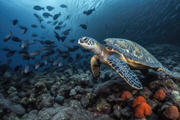 Obraz premium sea turtle swims past schools of colorful fish, created with generative ai