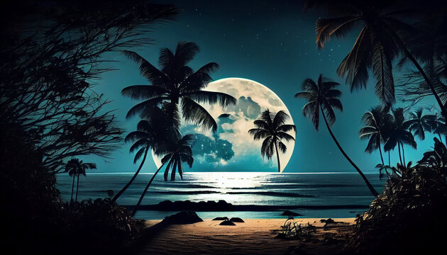 Breathtaking view of beautiful beach coast with palm trees at night. Moon light glowing. Silhouette of tropical island. Summer nature outdoor background Ai generated image