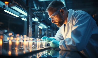 Laboratory Research: A Scientist in a Lab Coat Engages in Precise Analysis, Carefully Checking a Test Tube for a Vital Experiment
