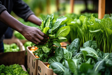 Fresh spinach from the ground. Farmer picking vegetables, organic produce harvested from the garden, organic farming concept. - obrazy, fototapety, plakaty