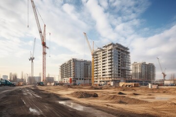 Fototapeta na wymiar construction site with towering crane and machinery working on a new building, created with generative ai