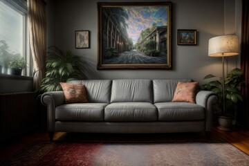 A Living Room With A Couch And A Painting On The Wall
