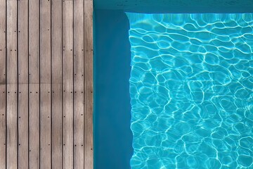 Obraz premium Poolside paradise. Top view of an empty outdoor pool with wooden board on beautiful relaxing background