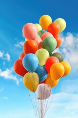colorful birthday balloons floating against blue sky, created with generative ai