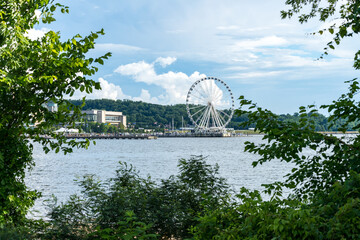 Fototapeta premium Trees and leaves frame the Ferris Wheel with skyline of National Harbor near Washington DC
