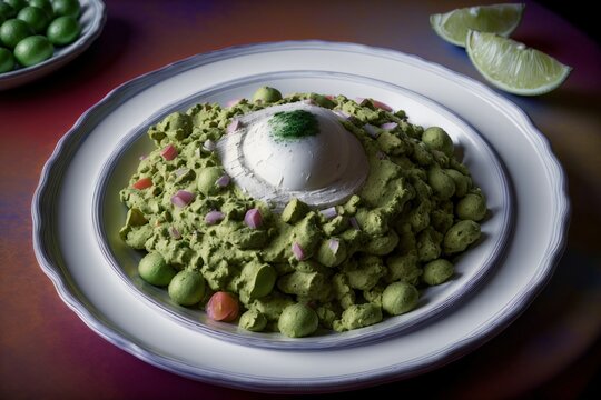 A White Plate Topped With Guacamole And Sour Cream