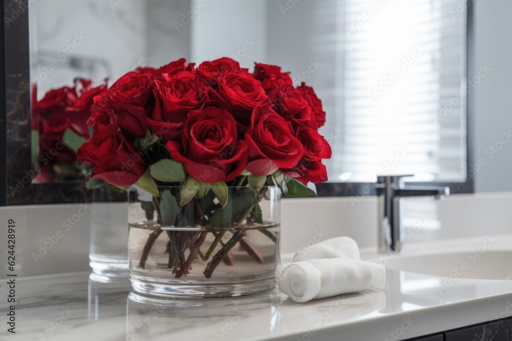 Wall mural a vase of red roses in a bathroom setting, created with generative ai