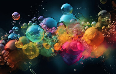 Obraz na płótnie Canvas Abstract Background featuring colorful bubbles of various sizes made of liquid and smoke made with AI generative technology