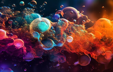 Abstract Background featuring colorful bubbles of various sizes made of liquid and smoke made with AI generative technology