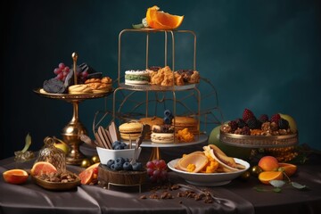 Fototapeta na wymiar three-tier cake stand with assorted pastries and sweets, created with generative ai